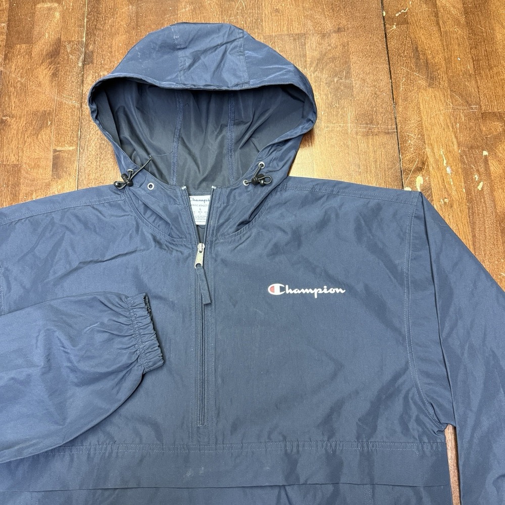 Champion Packable Half Zip‎ Windbreaker Size Large Hooded Stadium Jacket Blue